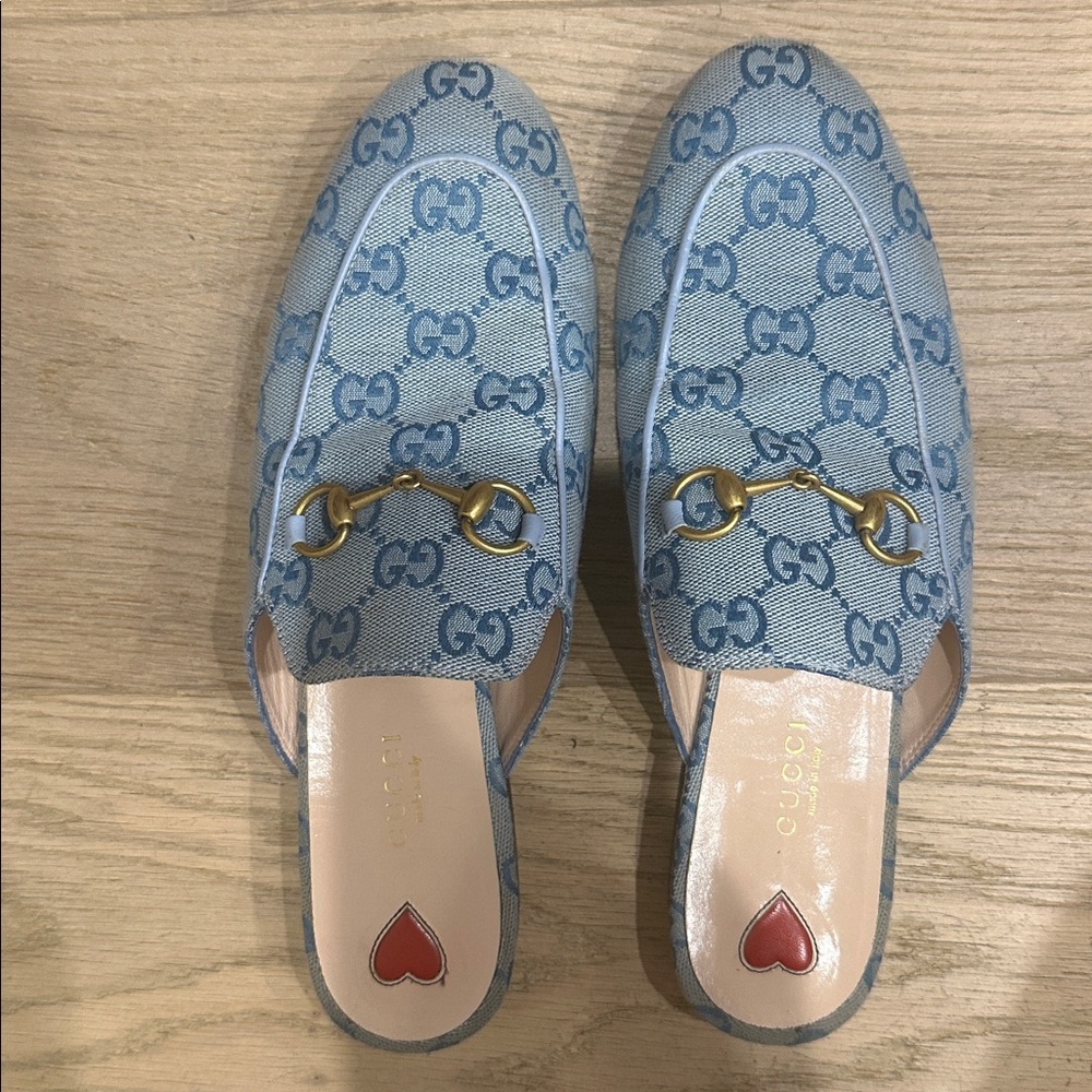 Gucci Princetown Denim Blue Mules Loafers with Gold Horsebit